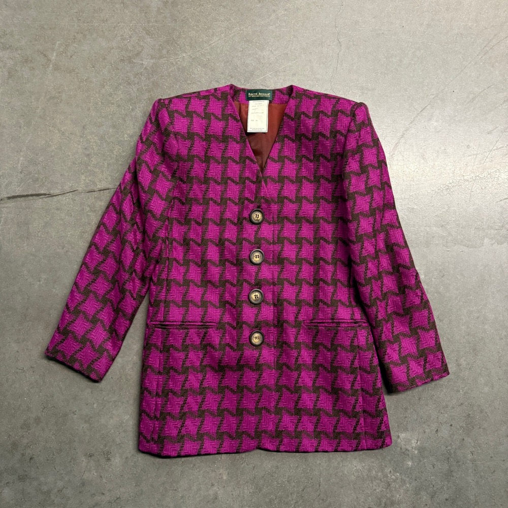 Harve Benard Vintage Magenta Wool Houndstooth Blazer Jacket Womens 10 Longline